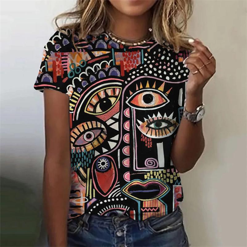 

Abstract Women s T-Shirt 3D Abstraction Face Printed Tops Casual Round Neck Short Sleeve Summer Loose T Shirt For Women XL