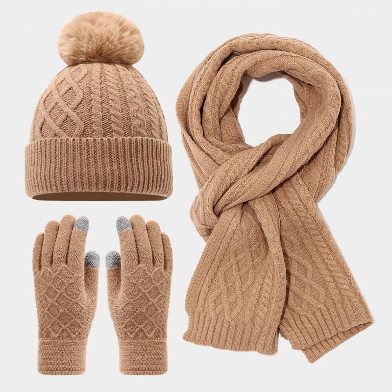 Womens Winter Knit Hat Scarf Gloves Set Warm Fleece Lined Ear Protection Outdoor Cycling Accessory
