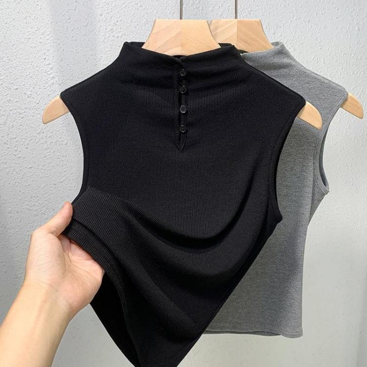 Women Slim Fitting Black Sleeveless Semi Turtleneck Top Thin Bottoming Shirt New Early Autumn Tshirt