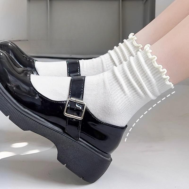 5 Pairs of White Lace Socks for Women In Summer, Mid-calf Black Ear-edge Women's Socks, School Style, Versatile Jk Pile Socks