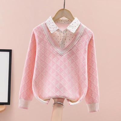 Mädchen Sweatshirt im Zweiteiler-Look – Frühlings-/Herbstmode Hemdkragen Langarm-Oberteil für große Kinder.