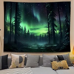 Nordlicht Wald Wandteppich 80x60 Zoll Aurora Borealis Nebelkiefern Trippy Wandteppich Ästhetische Wandkunst Meditationsdeko