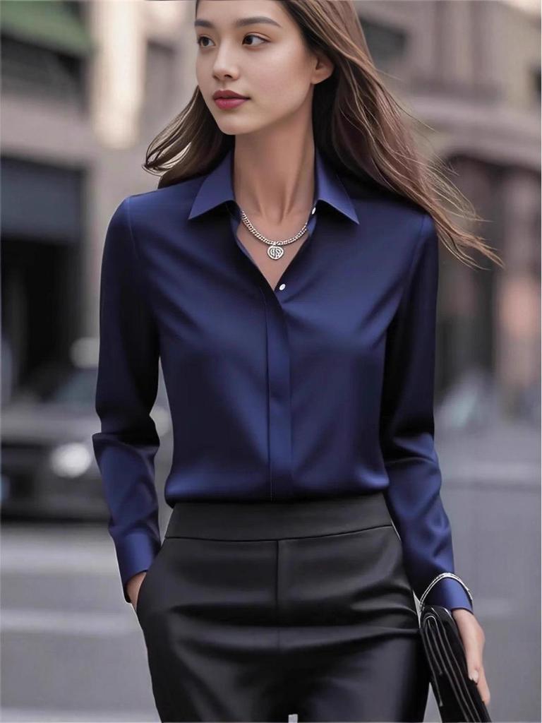 2025 Unifarbene Satin-Revers-Langarm-Damenbluse