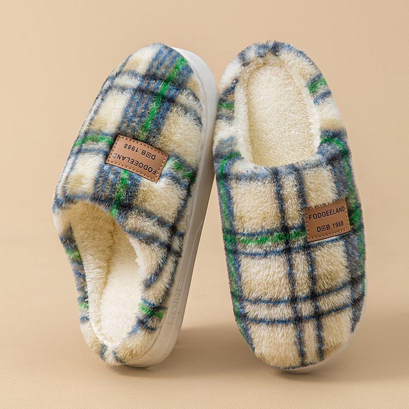 Plaid Retro Cotton Slippers Women's Season Indoor Home Warmth Plush Shoes Non-slip Bag Head Couple Cotton Mop