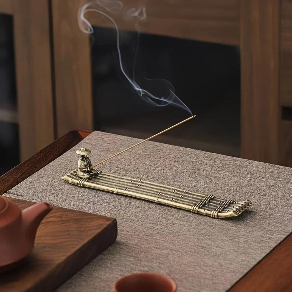 Japanese Style Boat Incense Holder with Fishing Men – Creative Alloy Aromatherapy Burner for Home Decor