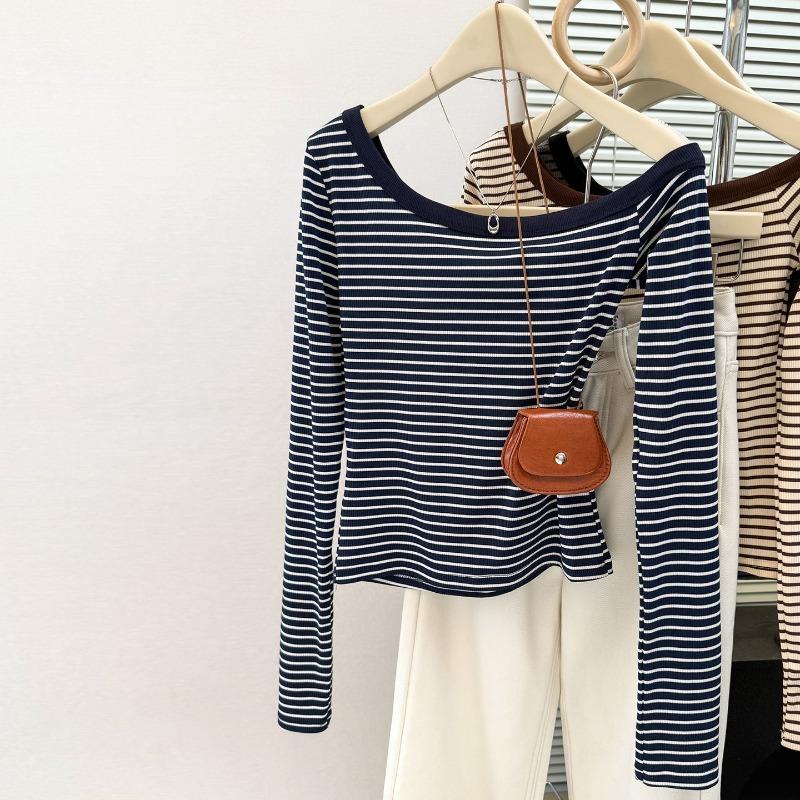 Early autumn real shot diagonal shoulder striped bottoming shirt women's season Spice Girls short slim-fitting long-sleeved T-shirt off-shoulder top