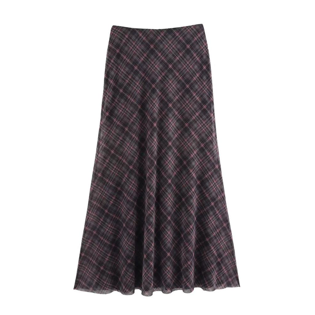 2025 Spring Women's Slim Plaid Silk Midi Skirt - Casual, Elegant, High Waist