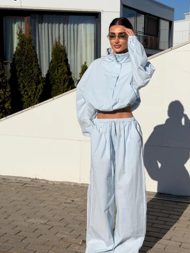Neues lässiges Sportset für Damen, lockerer Cardigan mit Stehkragen und kurzem Reißverschluss + Hose mit weitem Bein