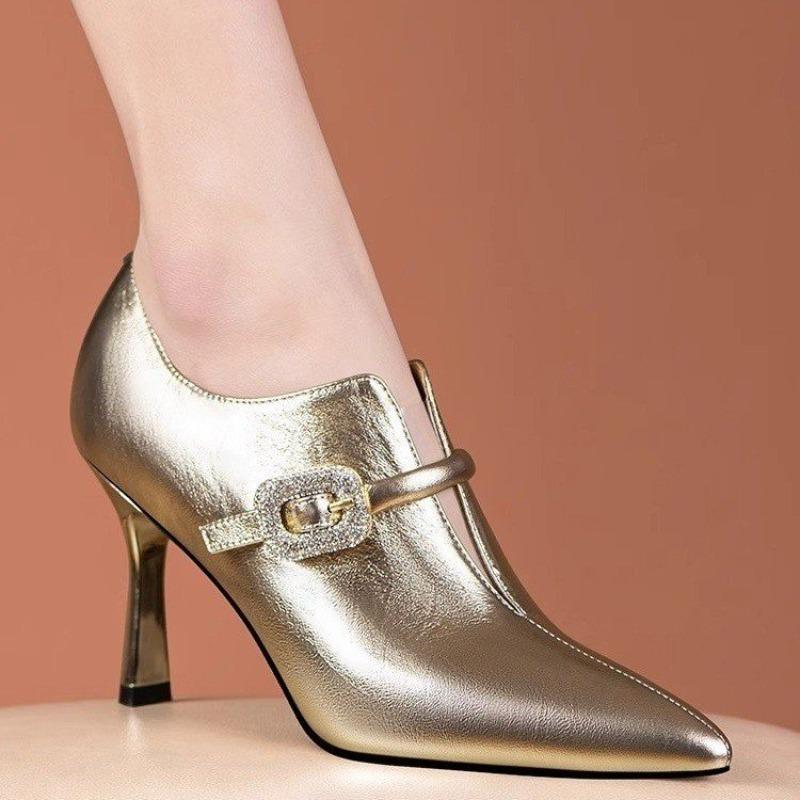 Crystal Buckle One Slip Slip Slim Heel Single Shoes Autumn New Pointed Toe Deep Mouth Non-slip High Heels