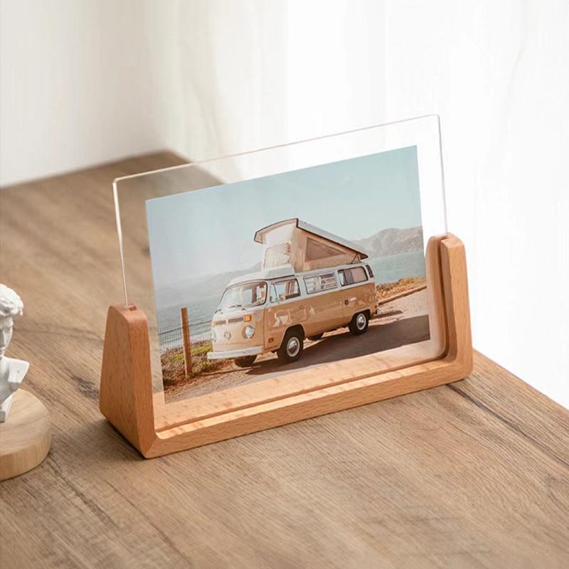U-Shaped Walnut Beech Wood Photo Frame Transparent Acrylic Clear Picture Display for Cafe Shop Table Decor
