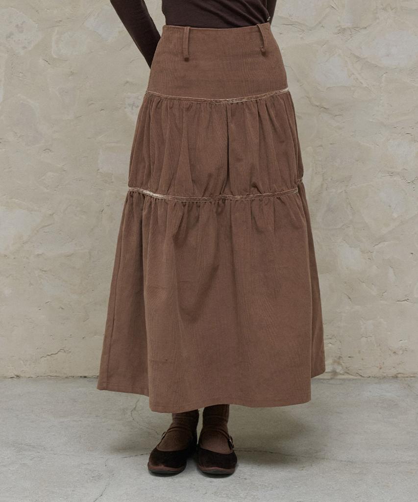 Itove Seoul Corduroy Shirred Long Skirt Brown