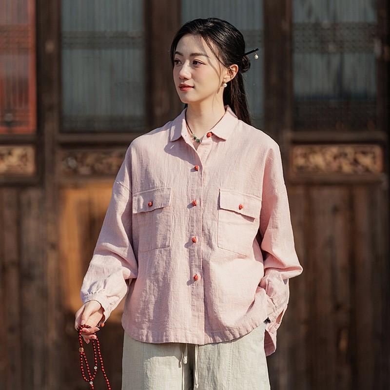 

Johnature Women Vintage Solid Color Button Spring Autumn Pockets Patchwork Loose Coats One Size рожевий