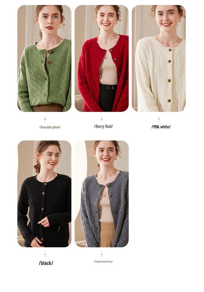 Women's 100% Pure Cashmere Round Neck Cable Knit Cardigan Sweater