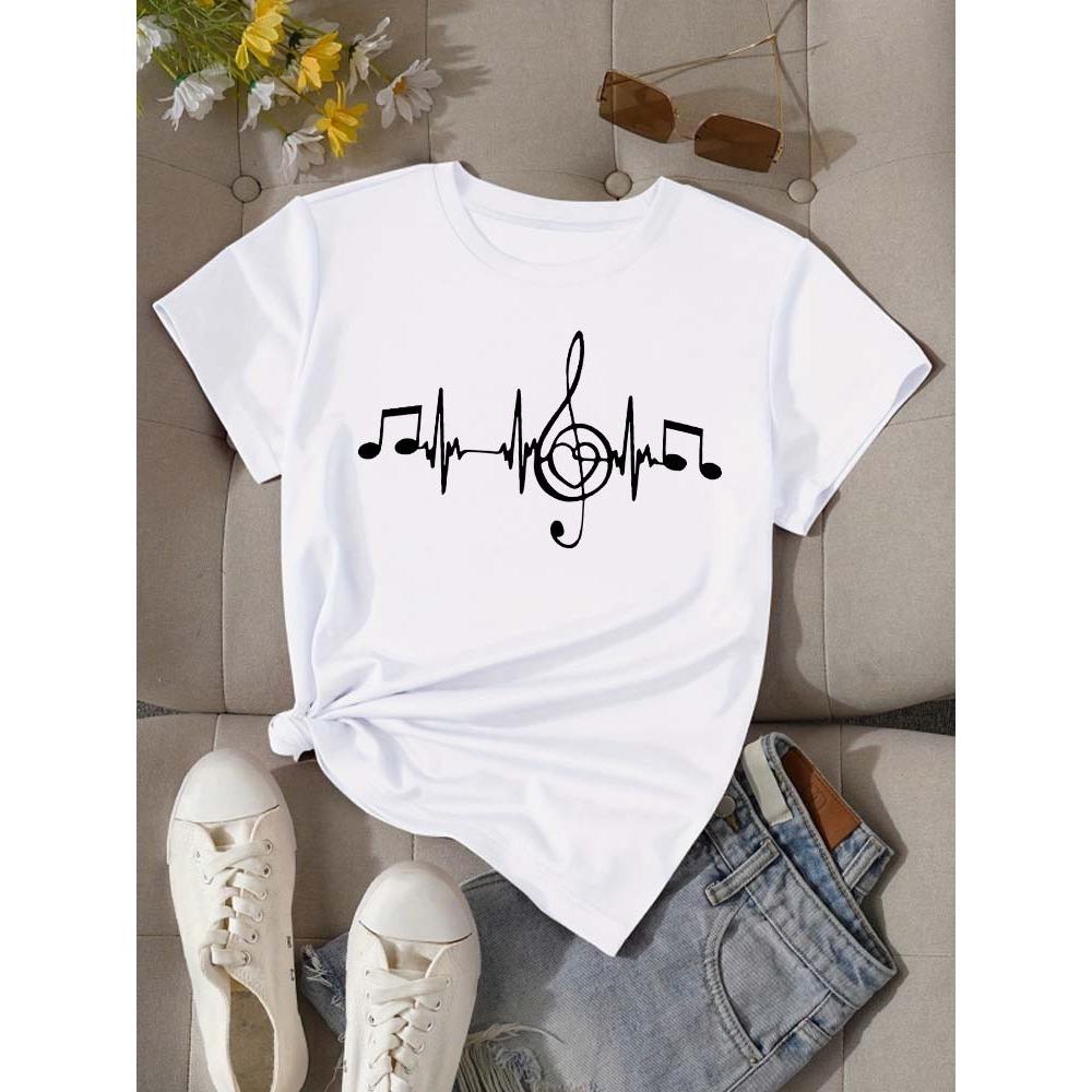 Music Note Print Women's T-Shirts Fashion Tops for Women Casual Summer Short Sleeve Tees Street Breathable Y2k T Shirt