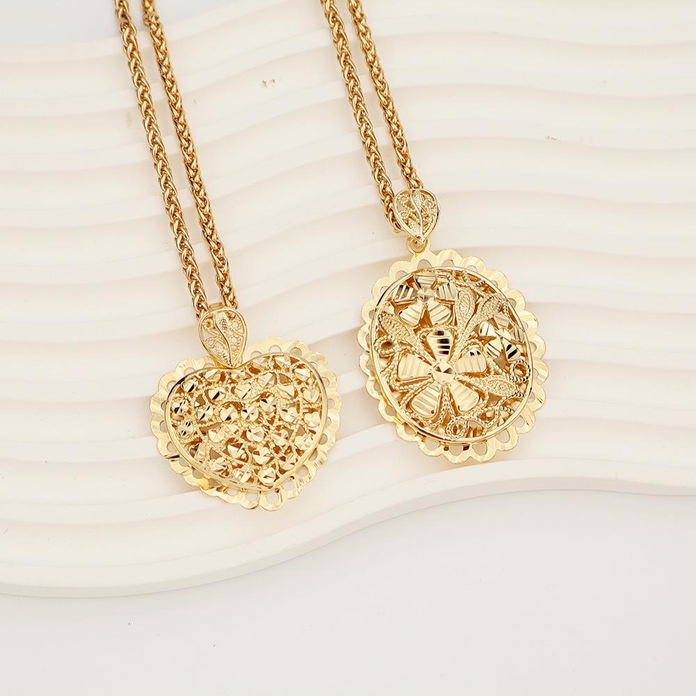Hollow Peach Heart Oval Retro Brass Pendant Necklace with Stainless Steel Chain