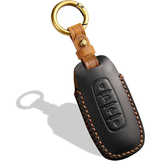Leather Key Fob Cover, Compatible with  2024 2025 Nissan Rogue Pathfinder Versa Kicks ARIYA, fit for 2024 2025 Sentra etc, No Screw Design Key Holder 4 Button чёрный