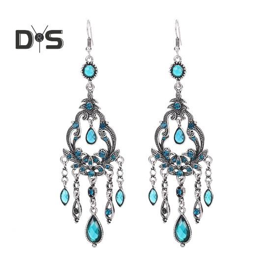 

1 пара сережек-крючков в стиле бохо с ажурным цветочным дизайном, серьги-подвески с искусственными кристаллами, аксессуары для свадеб и вечеринок синий