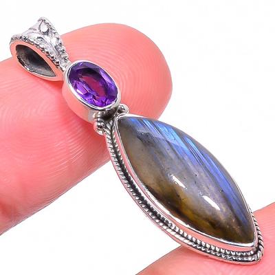 Natural Labradorite,Amethyst 925 Solid Sterling Silver Gift Pendant 1.58" P8o23