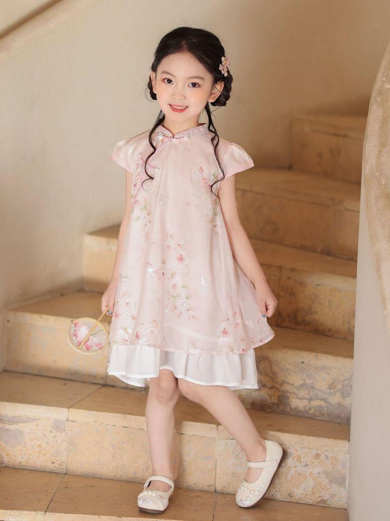 2026 Summer Girls' Lace Qipao Short-Sleeve Hanfu Dress for Kids Fashion Show