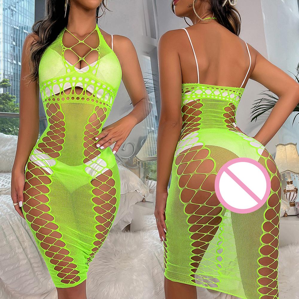 Women's Fishnet Bodycon Dress Night Club Wear Sexy Mesh Hollow Out See Through Mini Dress Erotic Beach Lingerie Nightwear