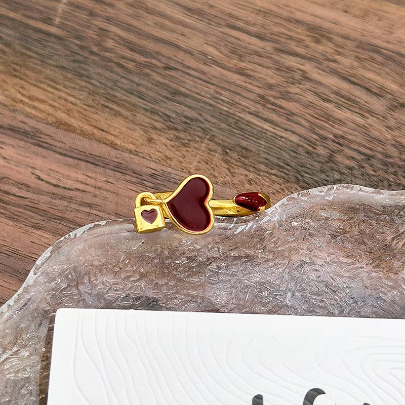 

New Year S Guochao Golden Burgundy Enamel Love Gourd Butterfly Flower Bead Diamond Zir*****Pening Stacked Ring Adjustable opening