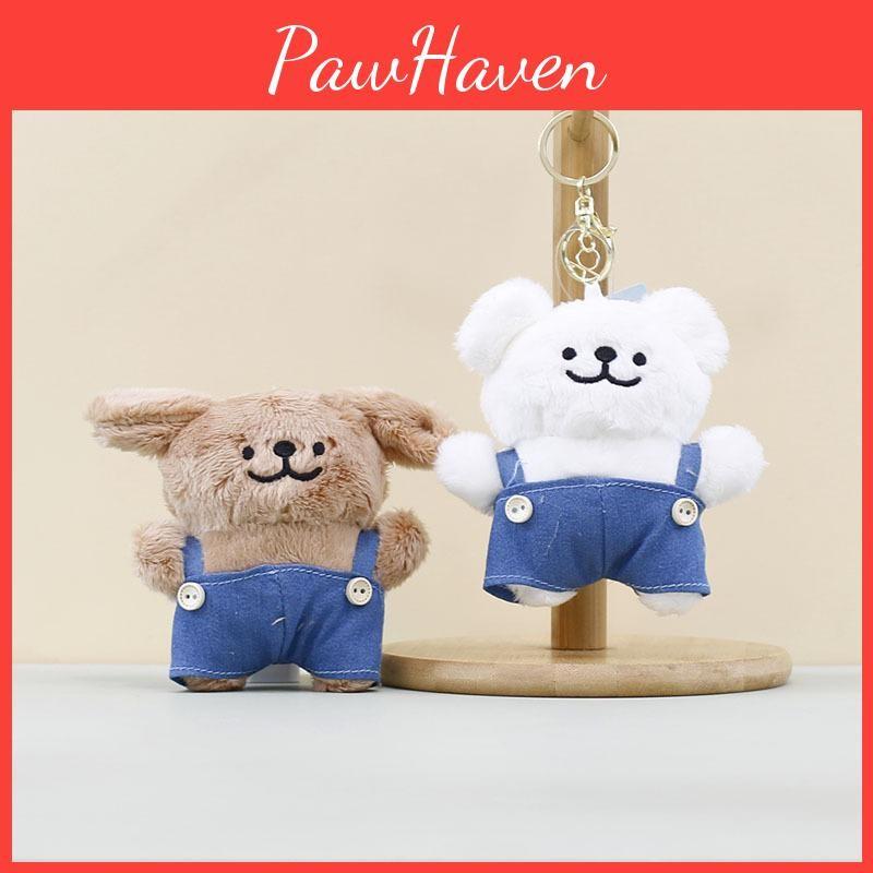 Dog Overalls White Plush Keychain Stuffed Pp Cotton Filling Bag Decoration