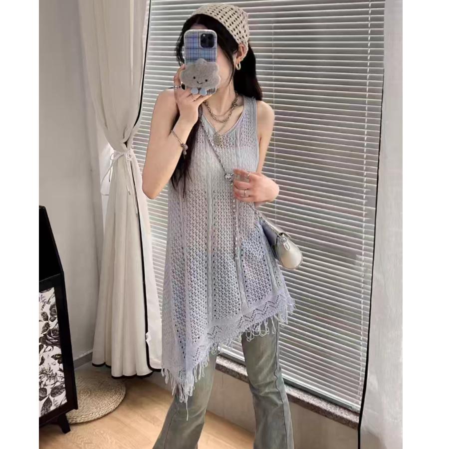Summer Women Sleeveless Solid Hollow Out Tassel Knitted Sweater Pullover Long Tops