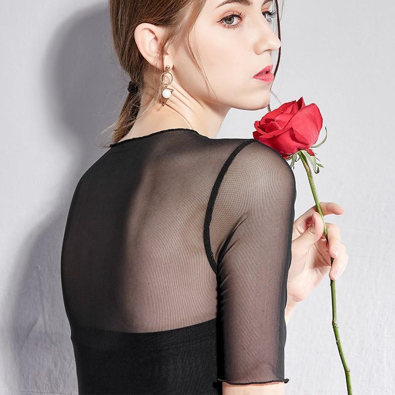 Transparent Mesh Base Shirt Women's Middle Sleeve with Inner Lining Tight Fitting Sheer Lace Short Sleeved Top Hollowed Out T-shirt