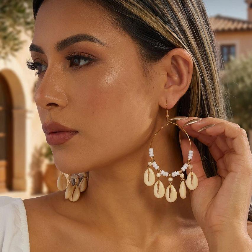 Boho Cowrie Shell Drop Earrings for Women Gold Color Beaded Hoop Tassel Dangle Earring Summer Beach Vacation Jewelry Accessories