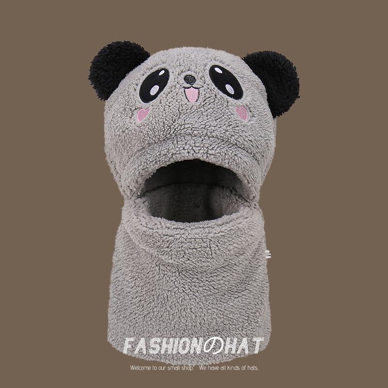 Children's Panda Embroidered Scarf Hat Integrated Plush Hat Baby Ear Protection Hat Boys and Girls Outdoor Warm Parent-child Hat