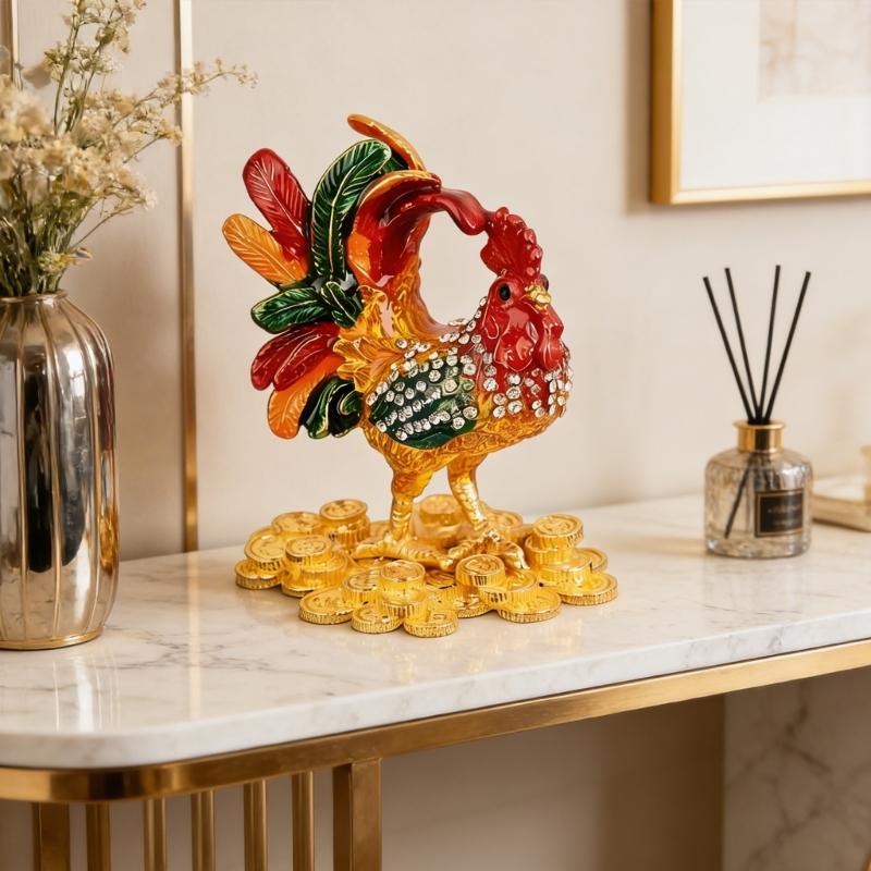 Hand Painted Enamel Rooster Jewelry Box For Rings Earrings And Small Accessories Decorative Ornament Gift