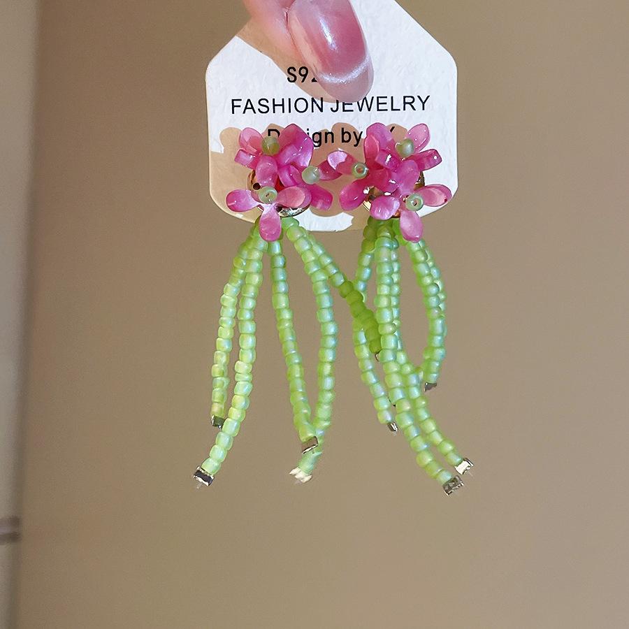 

Fantasy Double Color Resin Glass Beads Flowers Long Tassel Drop Earrings for Women Girls Handmade Holiday Wedding Jewelry