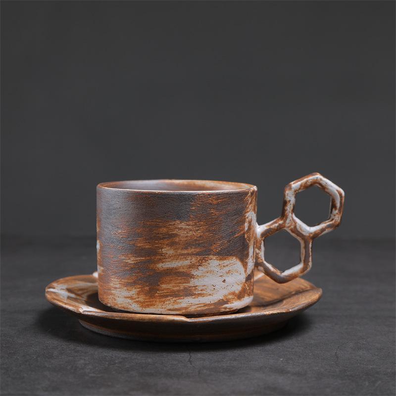 Handcrafted Ceramic Coffee Cup and Saucer Set 7.4 Oz Mug with Unique Handle Rustic Glazed Finish Modern Design for Espresso Tea