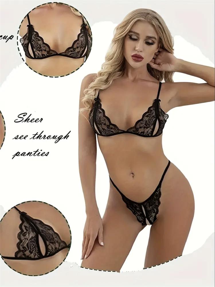 Seductive Lace Deep V Lingerie Set Soft Intimates Bra Open Crotch Thong Womens Complete Underwear Set Erotic Costumes Temptation