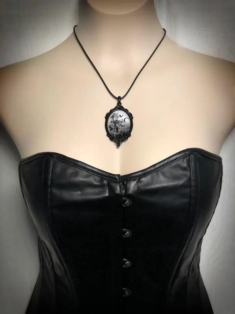 Gothic Bat Cemetery Charm Necklace For Women Man Fashion Witch Jewelry Accessories Gift Cemetery Glass Pendant Rope Chain Choker