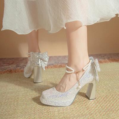 Fashion Silver Sequins High Heels Pumps for Women Elegant Pearl Ankle Strap Wedding Shoes Thick Heeled Ladies Mary Jane Shoes Banquet