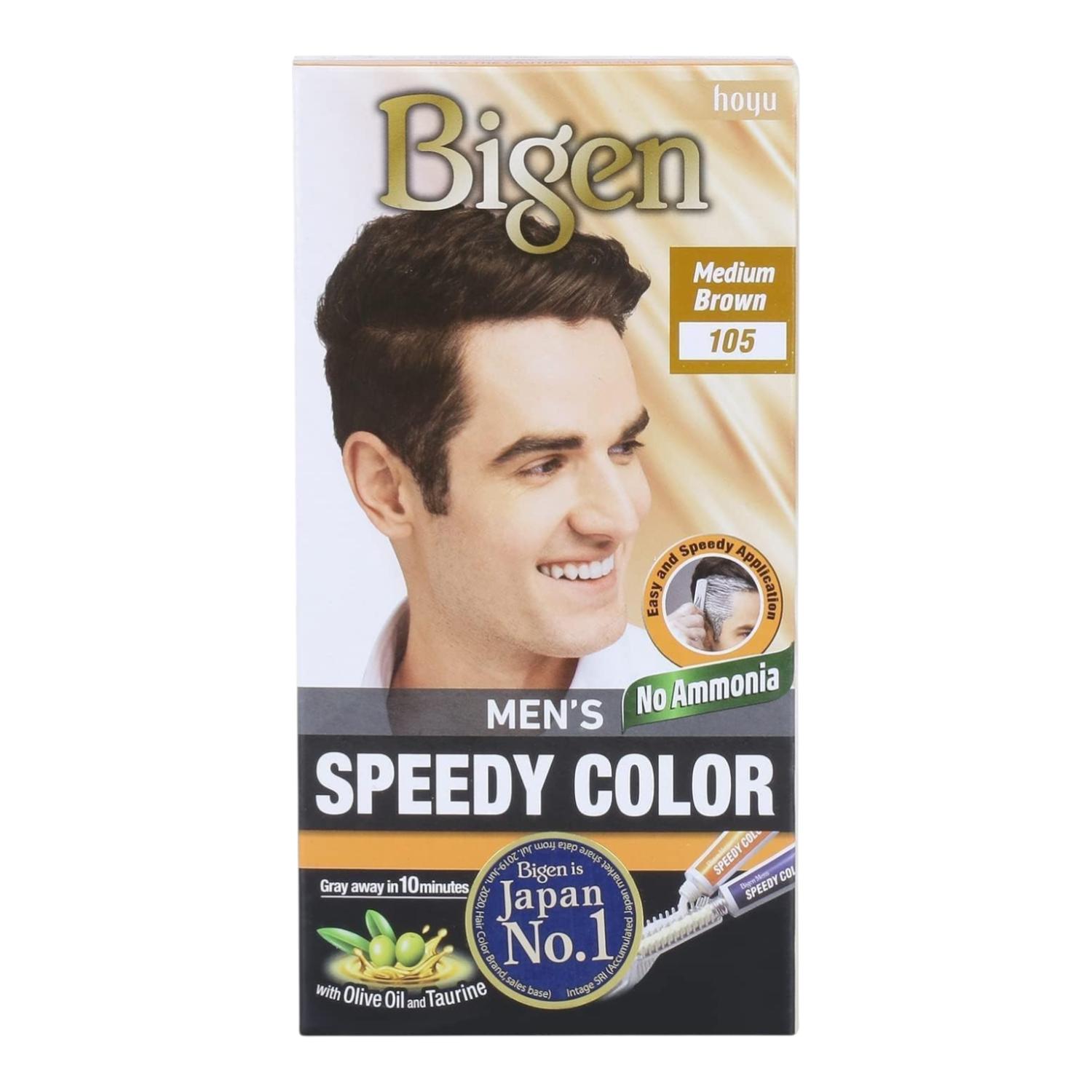 

Bigen Men’s Speedy Hair Color Medium Brown Ammonia-Free Cream Dye 80g With Comb Quick 10 Min Gray Coverage