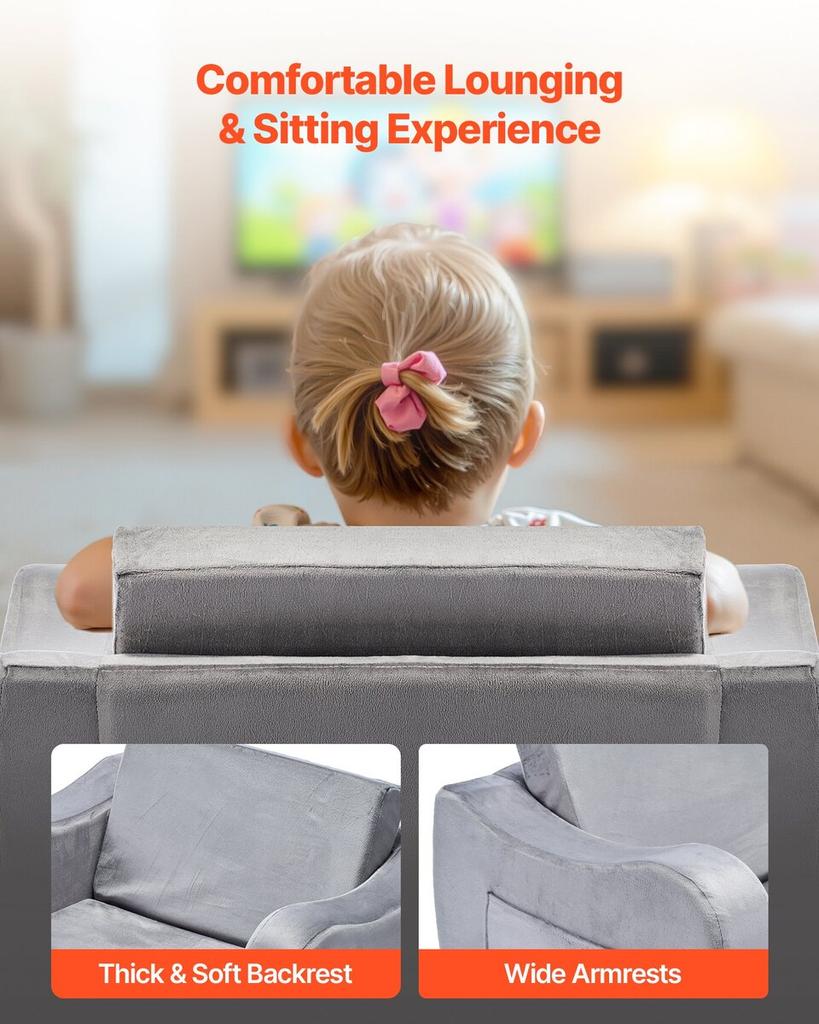 2-in-1 Kids Sofa, Foldable Toddler Soft Couch with Armrests, Made of 28D Sponge & Short Pile, Convertible Toddler Chair To Lounger, Kid Couch Fold Out