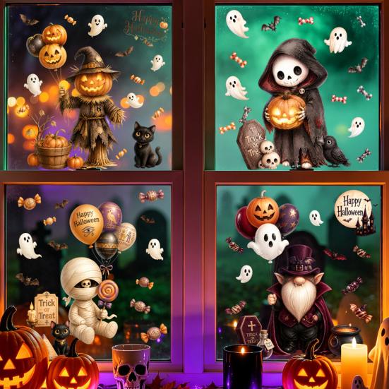 Decorative Glass Decals for Party 4Pcs Halloween Cartoon Window Clings, Pumpkin Ghost Scarecrow Stickers, Waterproof Murals Removable Home
