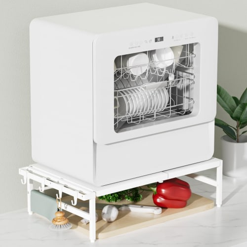 TKUIN Dishwasher Rack, 38-60cm W x 46cm D x 17cm H, Extendable Dishwasher Rack, Over-the-Sink Storage, Heavy-Duty Dishwasher Stand, 60kg Load Capacity