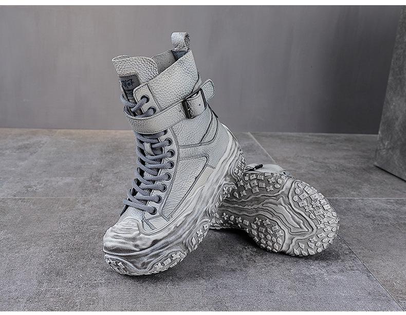 Damen Vintage Leder Motorrad Stiefeletten - Dicke Sohle, Martin Stil, Herbst/Winter Kollektion, Plus Baumwollfutter.