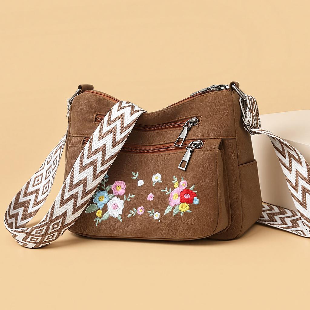 Sporty Casual Lightweight Embroidered Flower Shoulder Bag, Retro Large Capacity Travel Crossbody Bag