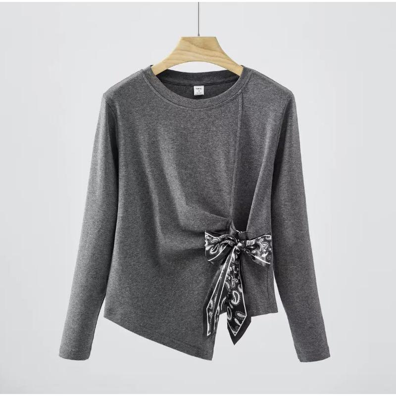 New Spring and Autumn Lace-up Waist Women's Long-sleeved T-shirt Slimming Belly-covering Bottoming Shirt