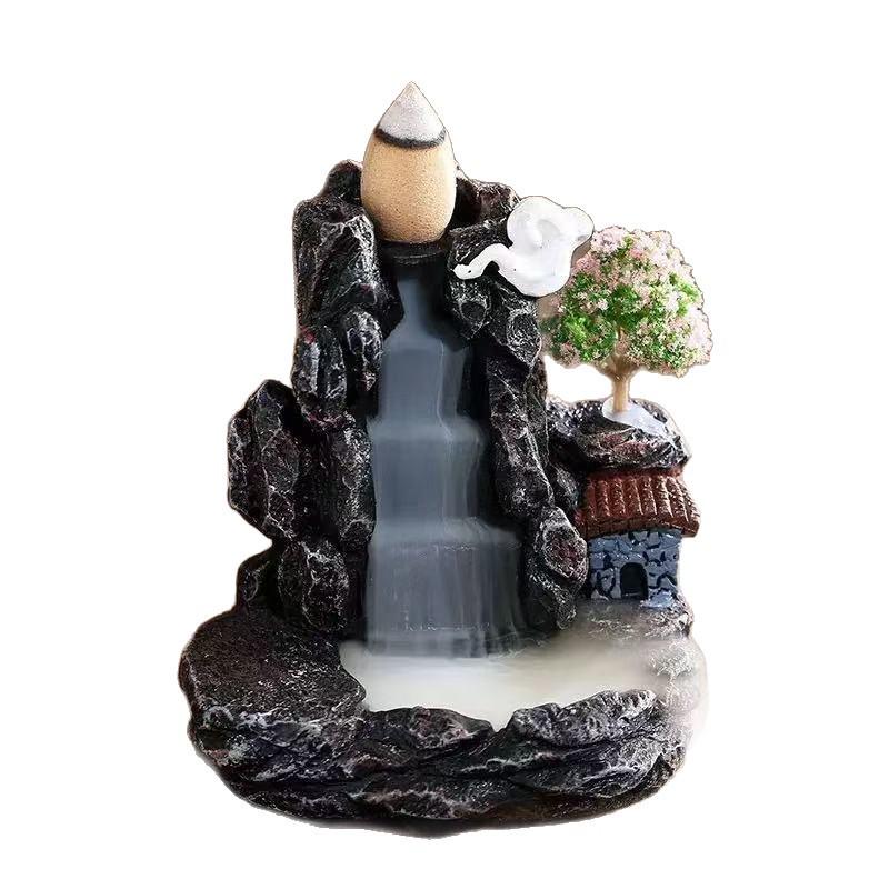 Creative Resin Backflow Incense Burner with High Mountain Flowing Water and Clouds Aromatherapy