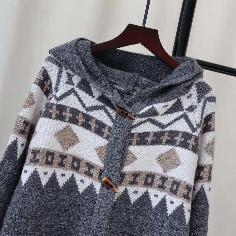 Retro Hooded Horn Buckle Knitted Cardigan Autumn and Winter New Design Sense Loose Lazy Wind Sweater Jacket Women