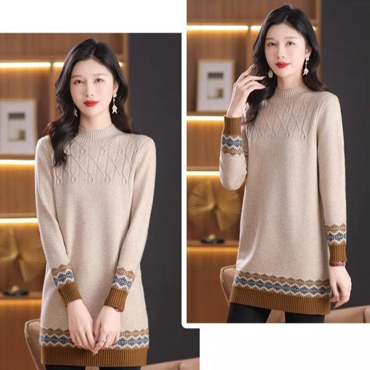 Half Turtleneck Knitted Sweater Women's Color Block Loose Mid-length Sweater Knitted Sweater Long-sleeved Casual Pullover Autumn and Winter Top