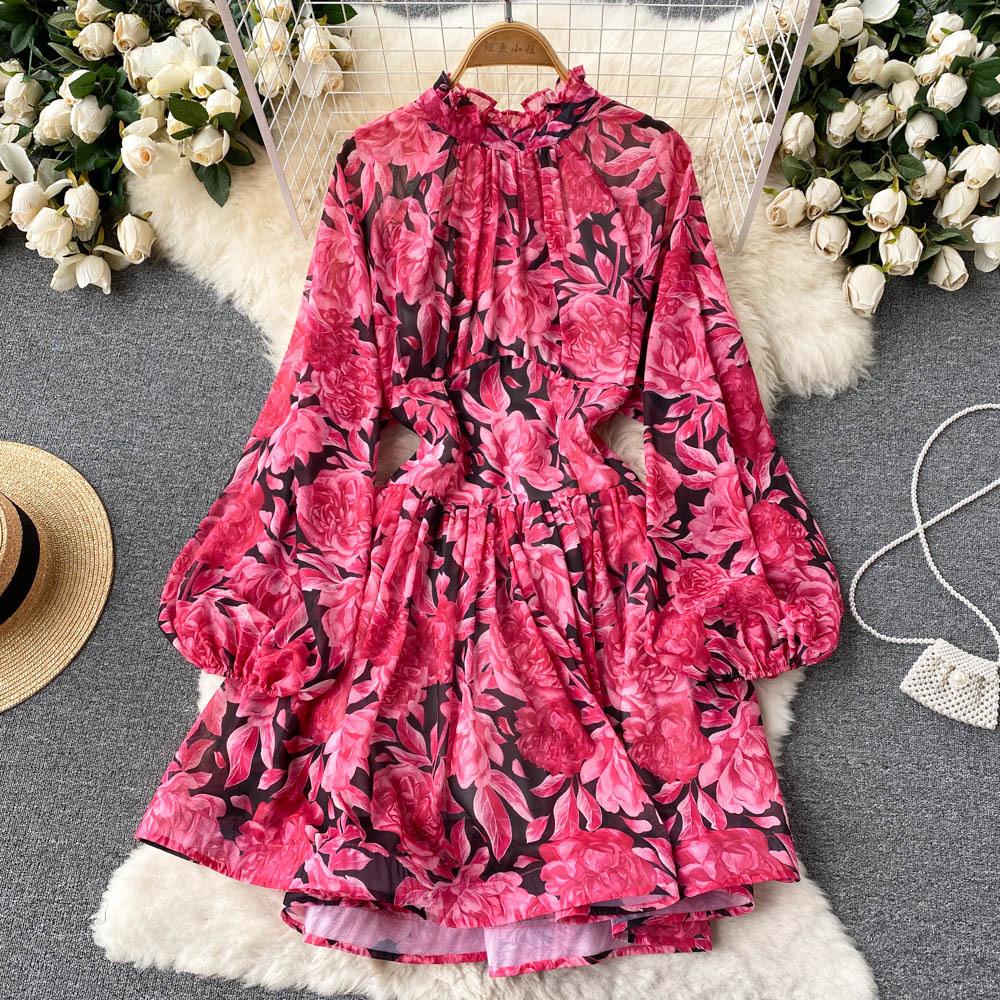 Women's Spring Summer Bohemian Beach Dress Backless Puff Sleeve Flower Print Party Midi Dresses