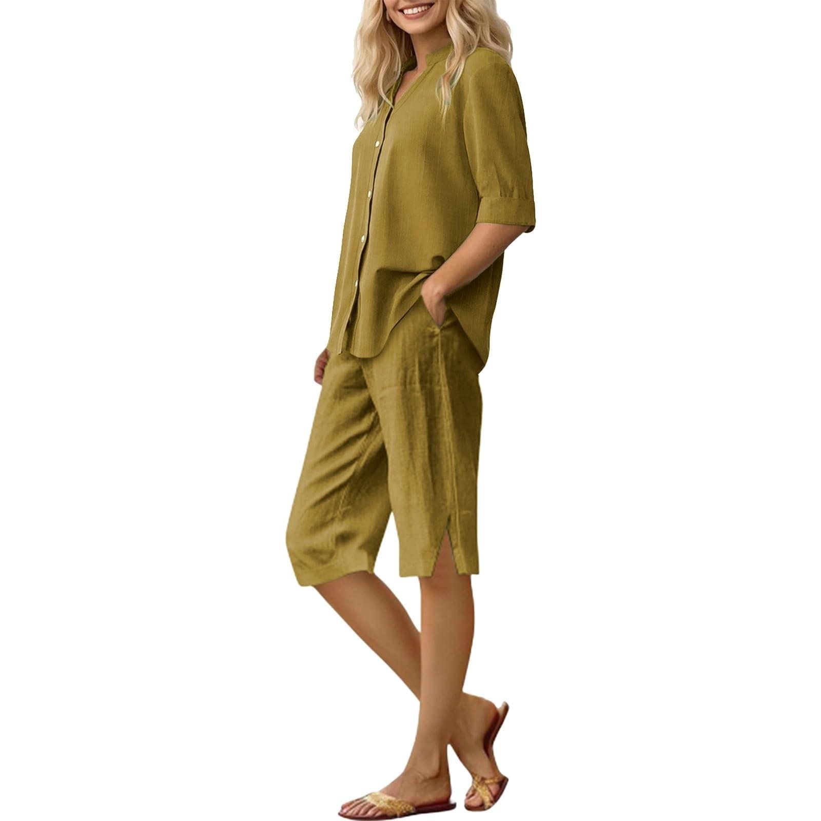 

Women s Loose Fashion Solid Color Cotton And Linen Seven Sleeves Cardigan Shorts Set XXL жёлтый