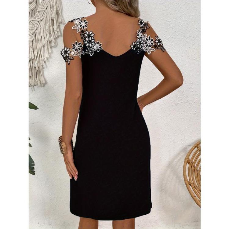 Women's Floral Applique Casual Cold Shoulder V Neck Dress Clothing