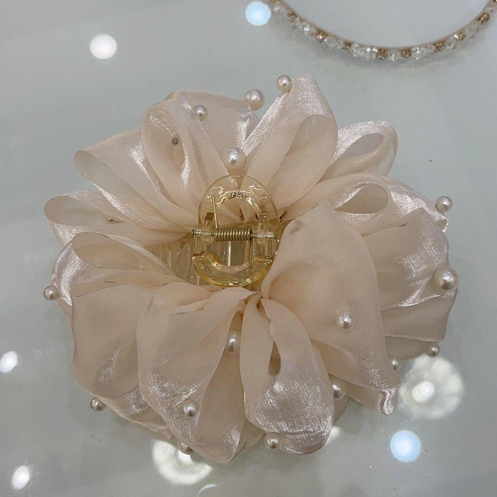 Elegant French Pearl Bow Claw Clip: Large Mesh Hair Accessory for Women